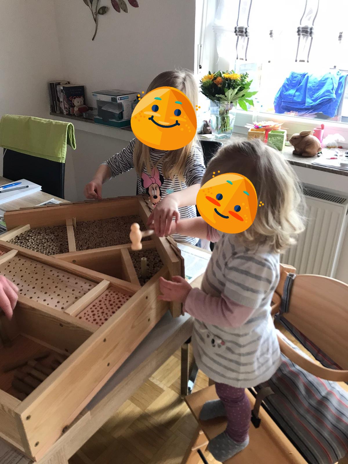 Familie H. aus Waldniel füllt ihr Insektenhotel selbst